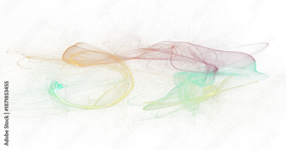 Obraz premium Horizontal flowing pastel smoke ribbons across white canvas, layered abstract motion art in gentle rainbow tones, elegant minimalist background PNG for web, branding, and print design