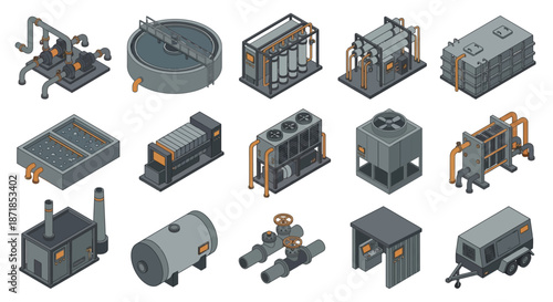 Isometric Industrial Infrastructure Icons Set for Water Treatment, HVAC, and Power Generation. 3D Vector Elements for Factory Engineering, Utility Management, and Urban Planning.