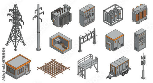 Isometric Electrical Power Infrastructure Icon Set with High Voltage Pylons, Transformers, Substations, and Distribution Panels for Industrial Energy Utility and Engineering Projects
