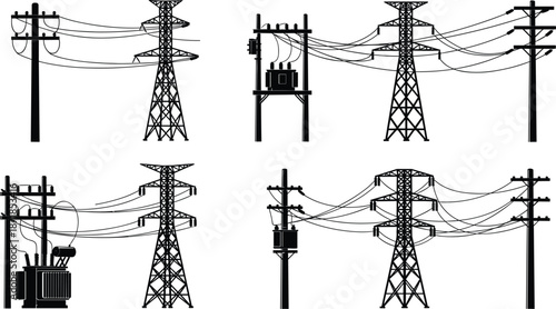 Silhouettes of electricity pylons and utility poles with transformers Keywords: electricity, power, transmission, pylon, tower