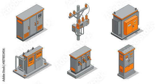 Isometric Electrical Power Grid Equipment Set with High Voltage Transformers, Distribution Boxes, and Utility Pole Components for Industrial Energy Infrastructure and Smart City Planning