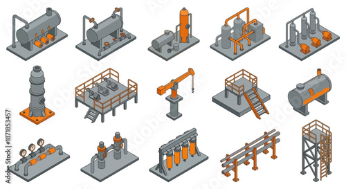 Isometric Industrial Oil and Gas Refinery Equipment Set, Chemical Plant Factory Infrastructure Elements for Engineering Infographics, 3D Technical Icons of Tanks, Pipes, Pumps, and Machinery