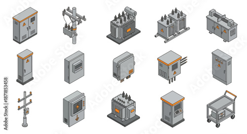 Isometric set of electrical power distribution equipment including high voltage transformers, control panels, circuit breakers, and utility poles for industrial energy infrastructure design.