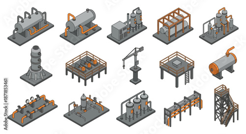 Isometric Industrial Factory Equipment Icons for Oil Refinery and Manufacturing Infographics, Set of 3D Vector Storage Tanks, Pipelines, and Processing Machinery Elements