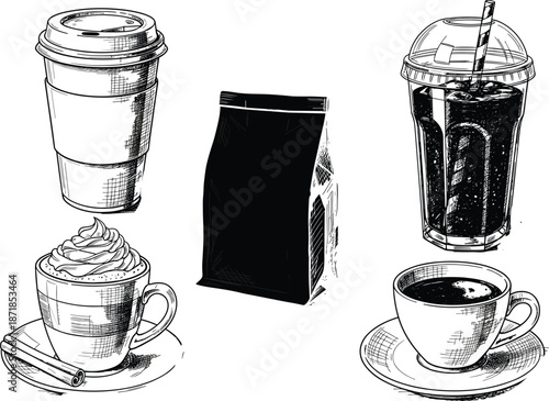 Hand drawn coffee icons set, caffeine drinks vector illustrations, take away cups, espresso mug, iced coffee, mocha latte, and roasted bean packaging.