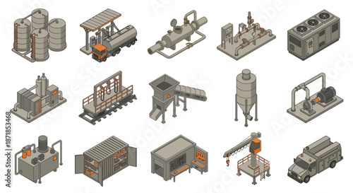 Isometric Industrial Machinery and Factory Equipment Set for Manufacturing, Logistics, and Infrastructure Infographics, Featuring Storage Tanks, Trucks, and Processing Units