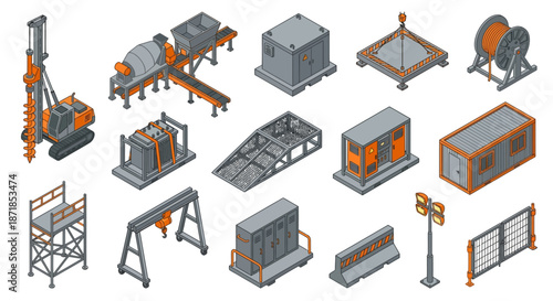 Isometric Heavy Construction Equipment and Industrial Machinery Set for Site Development. Professional Vector Icons of Drilling Rig, Crane, Generator, and Infrastructure in Orange and Gray