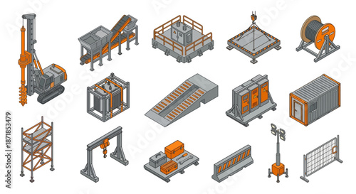 Isometric Industrial Building Site Machinery and Tools Set, Vector Icons of Auger Drill, Power Generator, Framework, and Cargo Container for Heavy Engineering Project Management