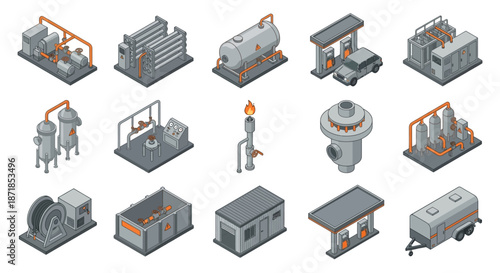 Isometric Oil and Gas Industry Equipment Icons Set. Vector 3D Industrial Machinery, Storage Tanks, Gas Station, and Power Generators for Energy Production Infographics and Engineering Design.
