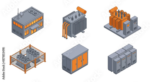 Isometric Electrical Power Grid Infrastructure Icons for Energy Distribution and Utility Management featuring Transformers, Substations, and Industrial Equipment on White Background