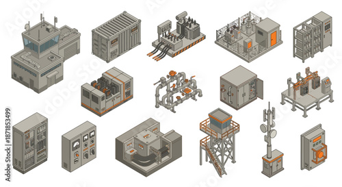 Isometric Industrial Infrastructure Icon Set with Power Plant Equipment, Telecommunication Towers, Electrical Transformers, and Control Panels for Engineering and Smart City Design