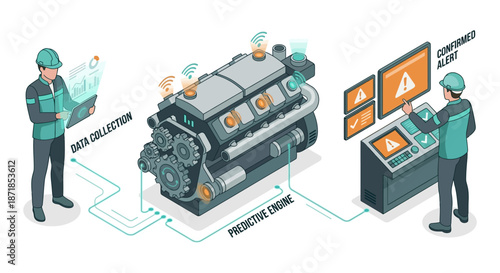 Isometric Industry 4.0 Smart Factory Concept with Engineers Monitoring Predictive Maintenance Data and Engine Alerts on Digital Tablet and Control Panel Interfaces in Modern Industrial Setting