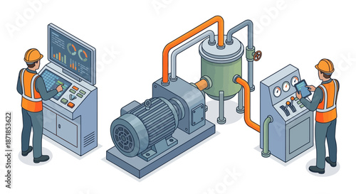 Isometric Smart Factory Illustration with Engineers Operating Industrial Machine, Pump, and Control Panel for Manufacturing Automation and Industry 4.0 Process Management