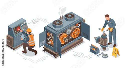 Isometric Industrial Process Illustration with Engineers Monitoring Production Line and Repairing Machinery. Smart Manufacturing and Technical Maintenance Vector for Business.