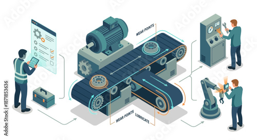 Isometric Industrial Automation Vector: Engineers Monitoring Smart Factory Production Line with Robotic Arm, Conveyor Belts, and Digital Maintenance Interface for Industry 4.0 Systems