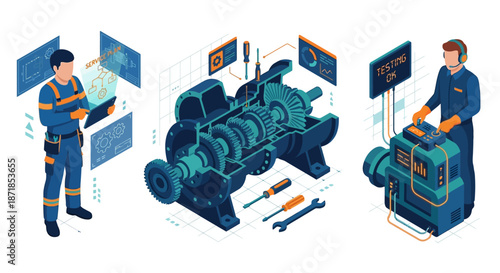 Isometric factory technicians performing predictive equipment testing on gearbox motor with virtual dashboards, blue and orange 3D style for smart manufacturing productivity