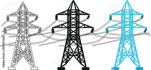 Three Styles of Electrical Power Transmission Towers with Wires electricity pylon