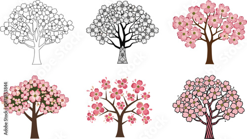 Cherry blossom tree illustration set, stylized spring floral graphics, botanical clipart, nature vector art, pink bloom design elements