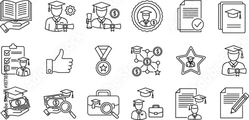 Education and graduation icons set featuring student characters, academic degrees, scholarship funding, school certificates, money for college and career success symbols for learning.