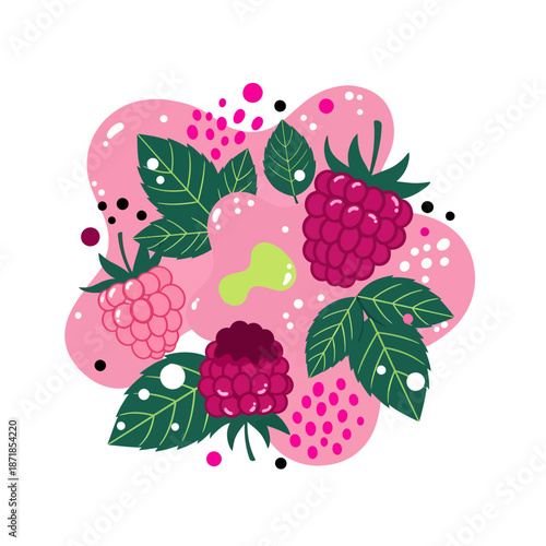 Three vibrant raspberries and serrated green leaves float on abstract pink fluid shapes, playfully accented with scattered colorful dots in this whimsical vector illustration