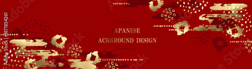 「赤色と金箔のポップな和風背景デザイン。抽象的な雲とドット柄の手描き水彩素材。」ベクター、イラスト