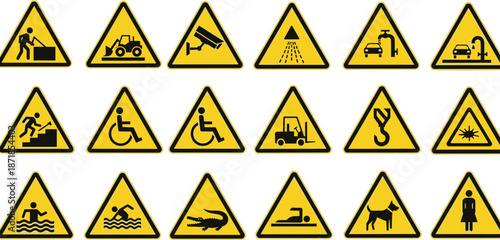 Collection of yellow triangular warning signs, industrial safety icons, caution symbols for construction, security surveillance, hazard alerts, work site signage, and public information.