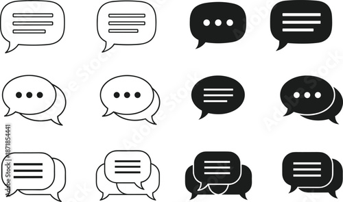 Collection of speech bubble icons, chat message symbols, communication vector set, flat line and solid social media elements, talk notification shapes, and comments.