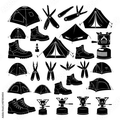 Solid black silhouettes of camping tents, multi-tools, hiking boots, and portable stoves.