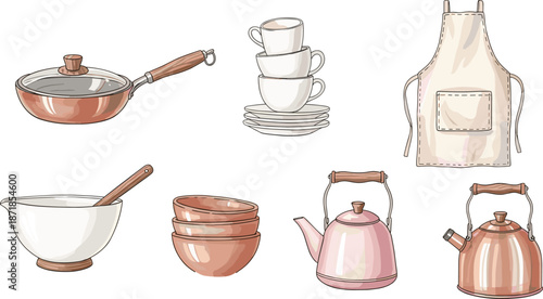 Collection of hand drawn kitchenware, copper pan, ceramic cups, apron, mixing bowl, wooden spoon, tea kettle, cooking utensils vector illustration set, isolated.