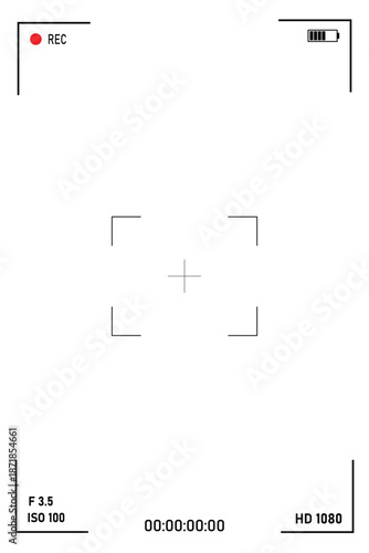 Vertical camera viewfinder. Viewfinder camera recording. Video screen, camera frame vector template. Black lines and text, rec icon with information and timing on white background.