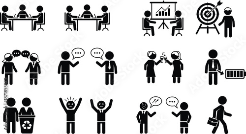  Business management icon set featuring corporate teamwork, professional communication, goal achievement, conflict resolution, meeting presentations, employee productivity, and office workplace intera