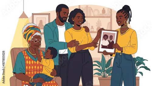 A diverse multi generational family shares a warm moment together in a cozy living room with a woman holding a framed photograph with diverse family