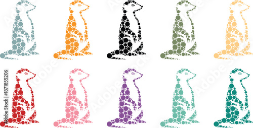 Colorful dot meerkat silhouettes collection, Mosaic animal icons in vibrant hues