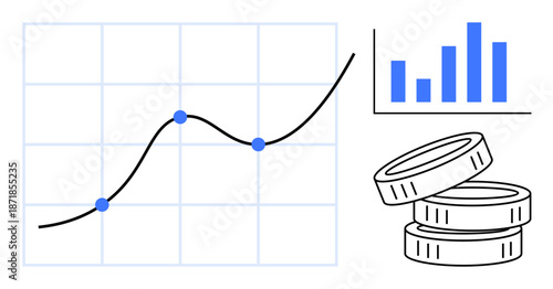 Finance, data analytics, economic progress, investment insights, business growth, market trends. Graph with line plot, bar chart and coins. Finance and data analytics concept