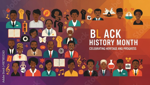 Vibrant black history month celebration illustration with diverse group of people and symbols with diversity and inclusion and empowerment and equality