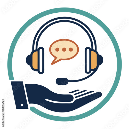 Customer support concept vector illustration with a hand holding headphones and a chat bubble symbol representing communication and assistance in a call center or service