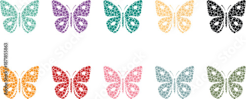 Assorted dot butterflies arranged in rows, Colorful mosaic butterfly set for design