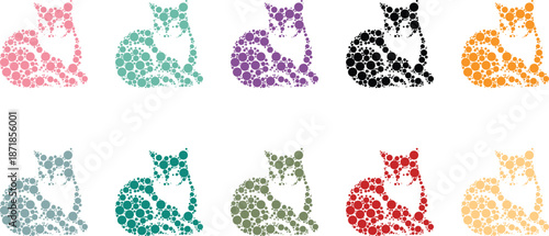 Cat silhouettes made of colorful circles, Mosaic feline designs in bright tones
