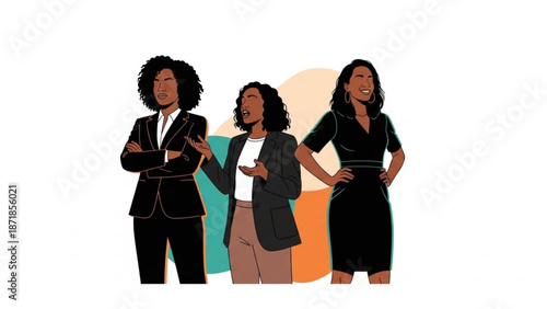 Three confident professional women in business attire standing together with colorful abstract background with businesswomen and diverse group