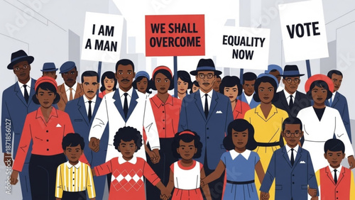 Diverse crowd of people protesting for equality and voting rights with signs that read i am a man we shall overcome equality now and vote with diversity