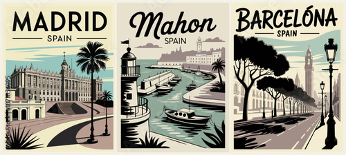 Retro art deco travel poster triptych featuring Madrid Mahon and Barcelona with minimalist architecture and classic 1950s style.
