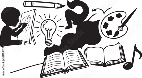 Creative Child Artist with Imagination and Inspiration Elements Around