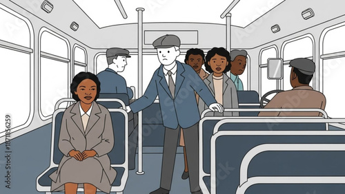 Diverse group of people commuting in a crowded public transportation bus interior with blue seats with commuters and city life and urban commute