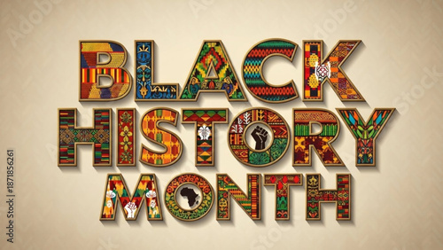 Vibrant black history month celebration graphic with colorful textured letters and african patterns on beige background with diversity and inclusion