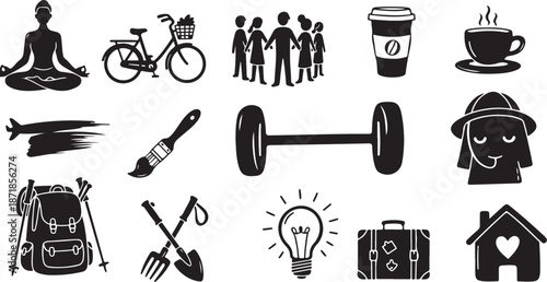 Collection of modern lifestyle and travel icons in black