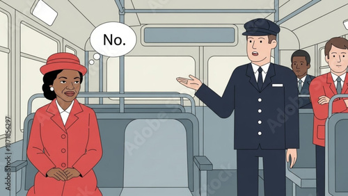 Woman in red uniform refusing to move on public transportation with conductor and other passengers in the background with cartoon and illustration