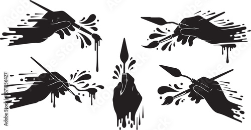 Hands holding paintbrushes with splattered paint silhouettes art