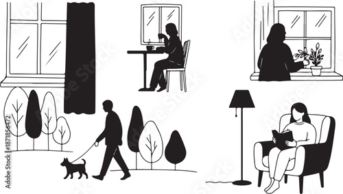 Silhouettes of people in various daily life activities setting