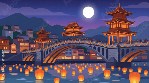 Landscape vector illustration : traditional chinese pagoda, temple, moon bridge - Chinese New Year festive, Lunar celebration, lantern festival, Beijing China travel, tourism 
