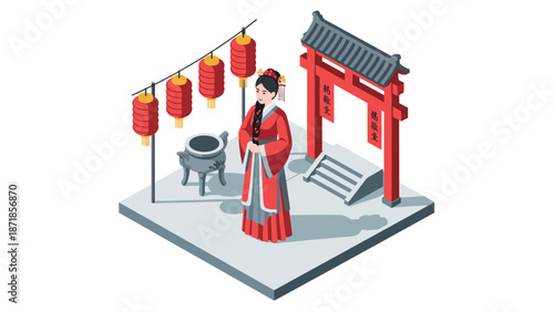Isometric scene of traditional chinese culture with red lanterns and woman in traditional dress